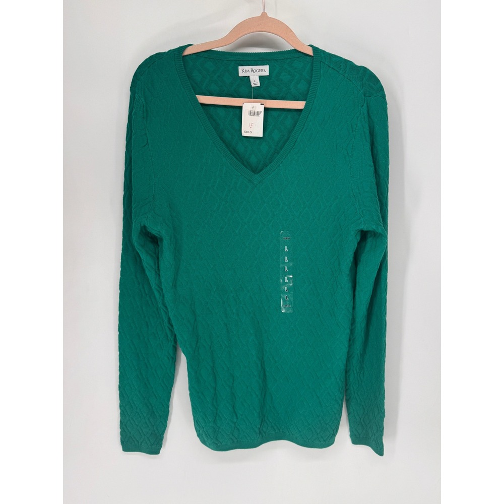 Kim Rogers Sweater Women L Green NWT Diamond Texture V-Neck Long Sleeve